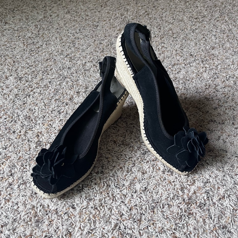 Bandolino Black Espadrille Slingback Shoes with Floral Accent